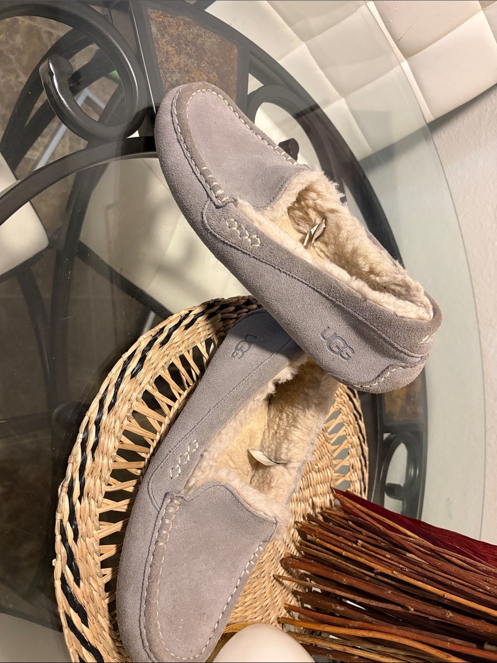 UGG Women's Taupe Suede Shearling Moccasin Slippers